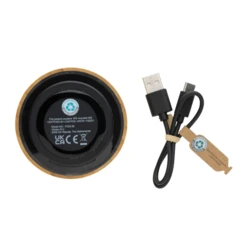 3W wireless speaker made with FSC® 100% bamboo casing and RCS (Recycled Claim Standard) certified recycled ABS. Total recycled content: 16% based on total item weight. RCS certification ensures a completely certified supply chain of the recycled mate-5
