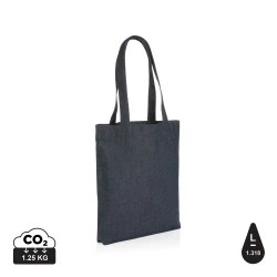 The Impact AWARE™ recycled denim tote 320gsm  is the perfect way to carry your essentials in style. This spacious tote provides sufficient space for your tech accessories and other daily needs. With AWARE™ tracer that validates the genuine use of rec-4