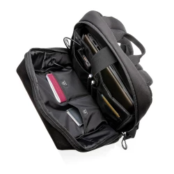 This stylish carry-on laptop backpack is intended for business and leisure trips. It’s designed with a padded 15.6