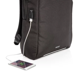 This stylish carry-on laptop backpack is intended for business and leisure trips. It’s designed with a padded 15.6