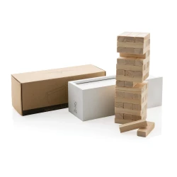 How high can you go? See how high you can stack the wooden blocks before they tumble with this fun tumbling tower game. The 48 blocks can be easily put away in the wooden box with lid. Made with FSC®certified wood. Comes in FSC®certified kraft gift p-8