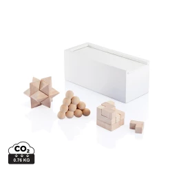 Exercise your mind like you exercise your muscles! Brain teaser toys are an ultra-fun way to better your analysing and problem-solving skills. This brain teaser set contains 3 puzzles and comes in a white painted pine wooden box. Made with FSC®certif-8
