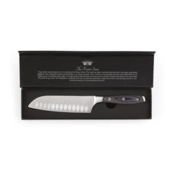 Santoku knife made of X50CrMoV15 German steel with a Pakkawood handle. The easy-grip handle and superb balance in the blade makes the knife comfortable and easy to work with. Size: 14 cm blade. (VG008-32)-9