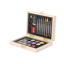 Zestaw do malowania i rysowania, 24 el., kredki, ołówek, gumka do mazania, temperówka, farbki akwarelowye, pędzelek, drewniane pudełko (VA298-20)