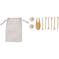 Set mit Golfzubehör aus Holz, bestehend aus 6 Holztees, 1 Bambus-Pitchgabel, 2 Holzmarkern, verpackt in einer Baumwolltasche mit Kordelzug und Anhänger im Inneren (VA881-16)-2